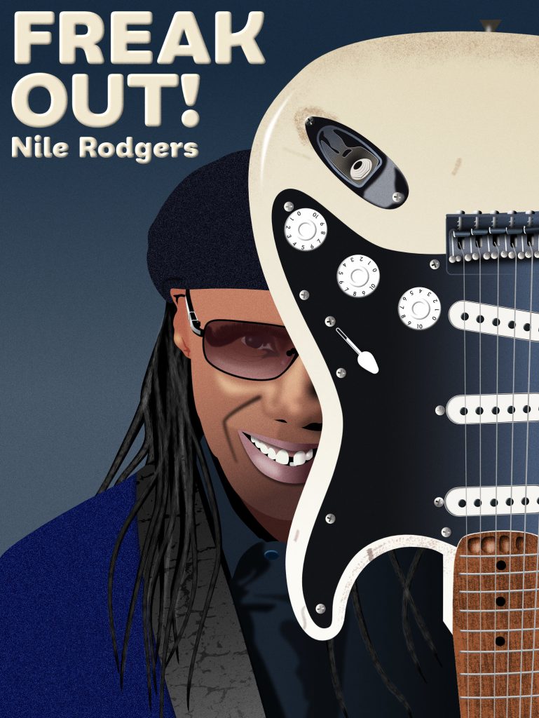 Drawing of a smiling Nile Rodgers, peeking out from behind his electric guitar, held upside down.