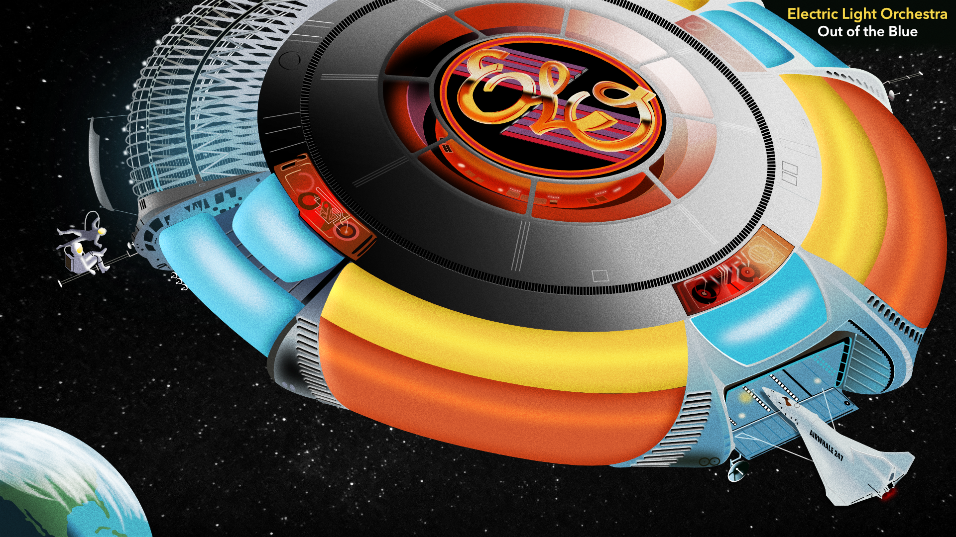 My HD vector version of the epic ELO album cover for "Out of the Blue" - the one with the flying saucer and a shuttle arriving at the dock.