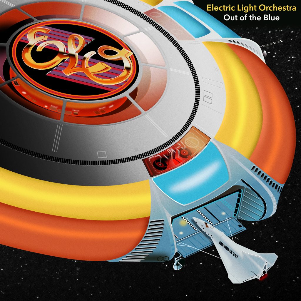 My vector version of the epic ELO album cover for "Out of the Blue" - the one with the flying saucer and a shuttle just docking.