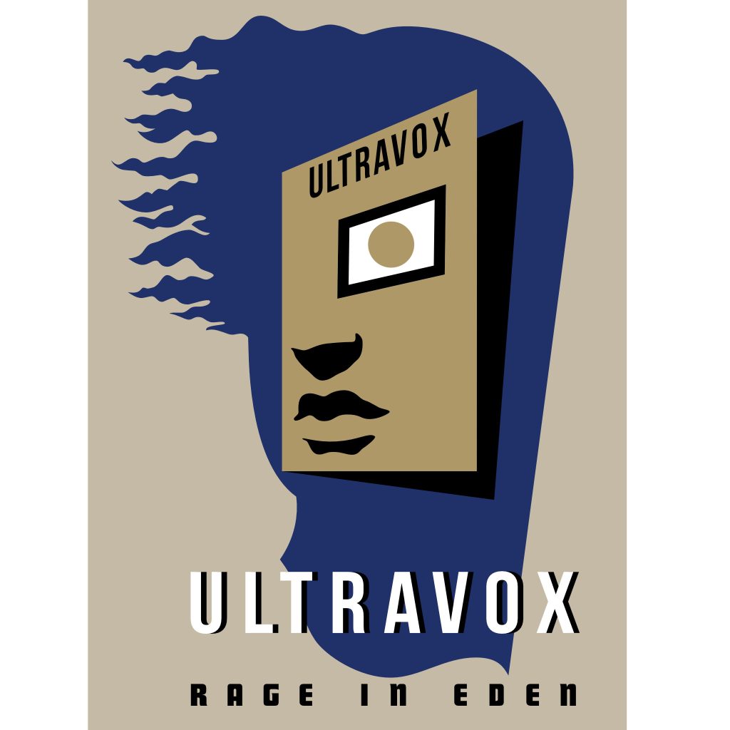 The cover for the Ultravox album "Rage in Eden" with the cubist face design.