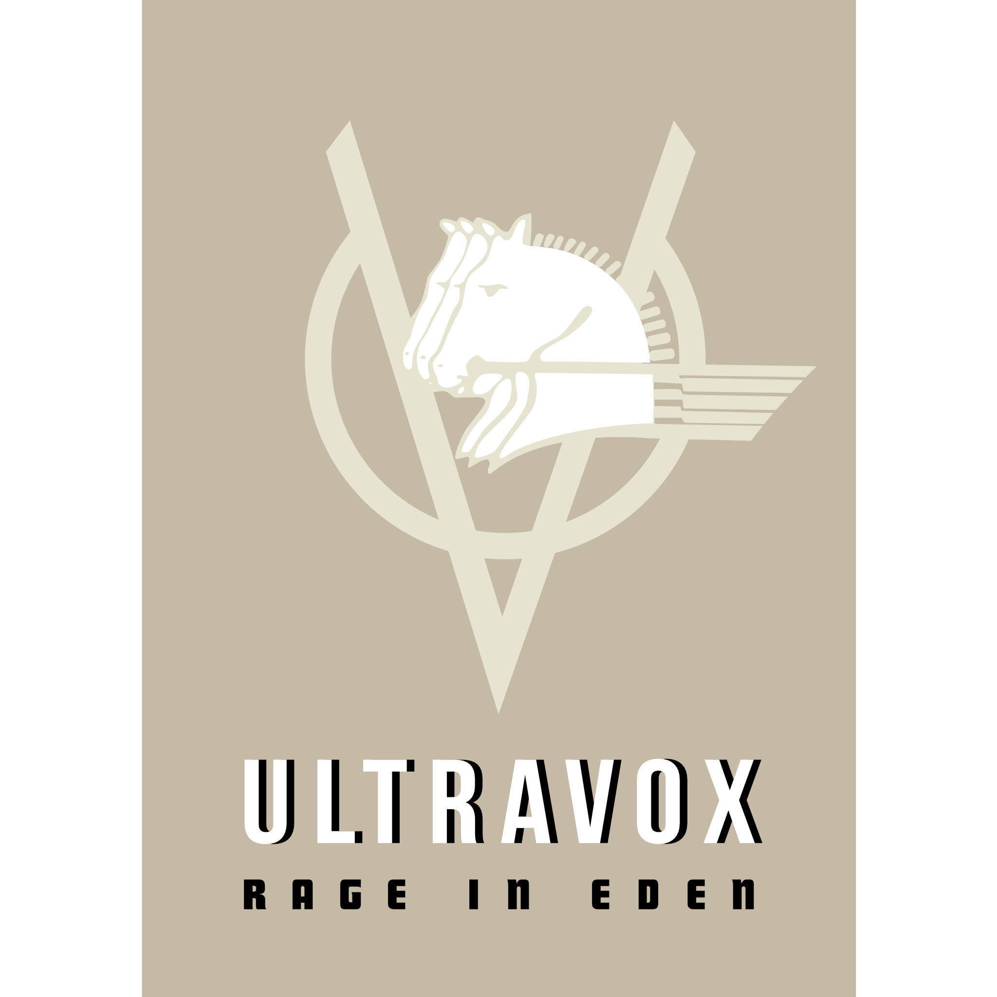 Cover to the Ultravox album "Rage in Eden" with three stylised horse heads in front of each other.