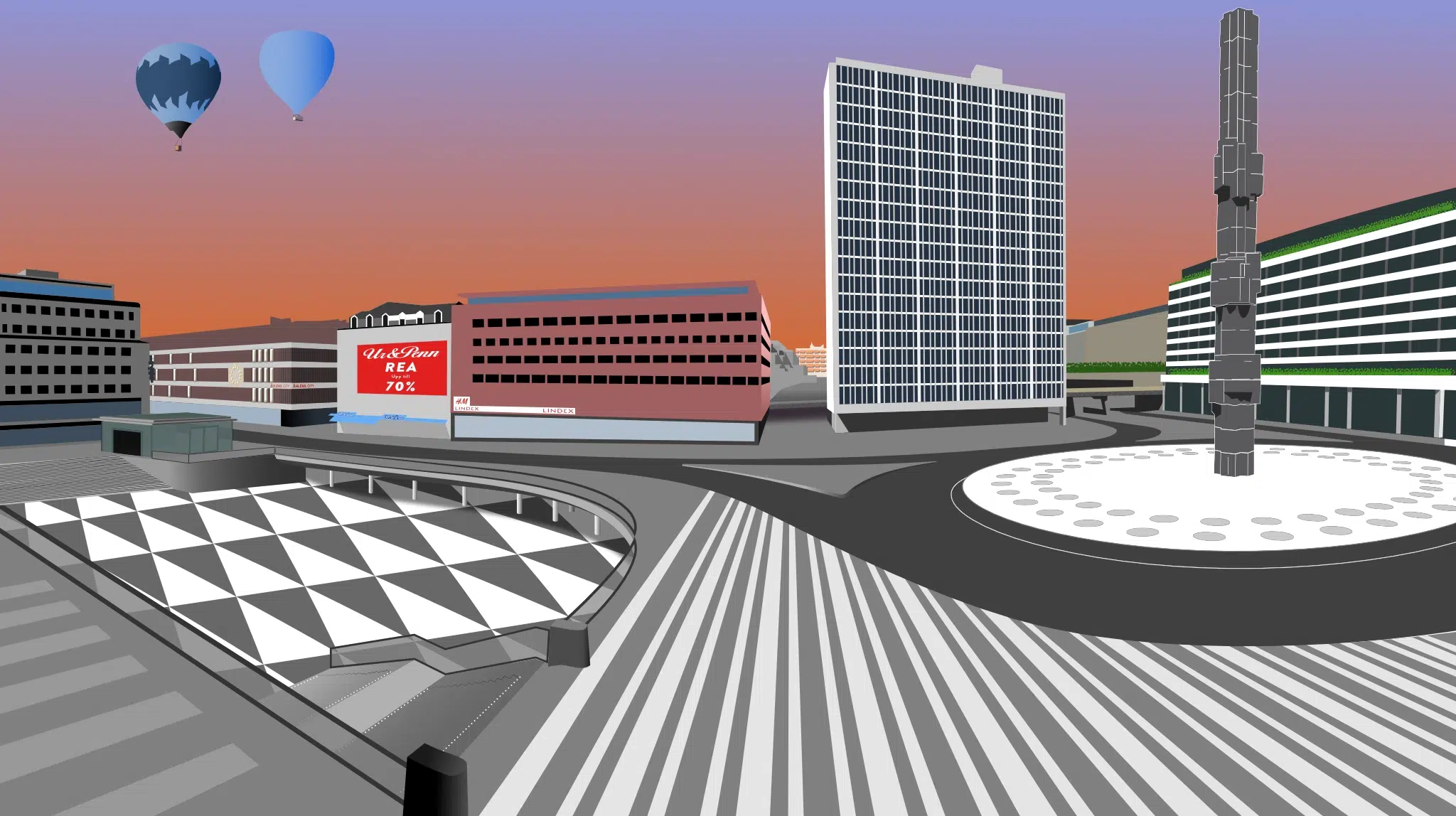 Vector drawing of Sergels Torg in Stockholm. No people, no traffic, no trees. Just human made structures. Two hot air baloons flying overhead at sunset.