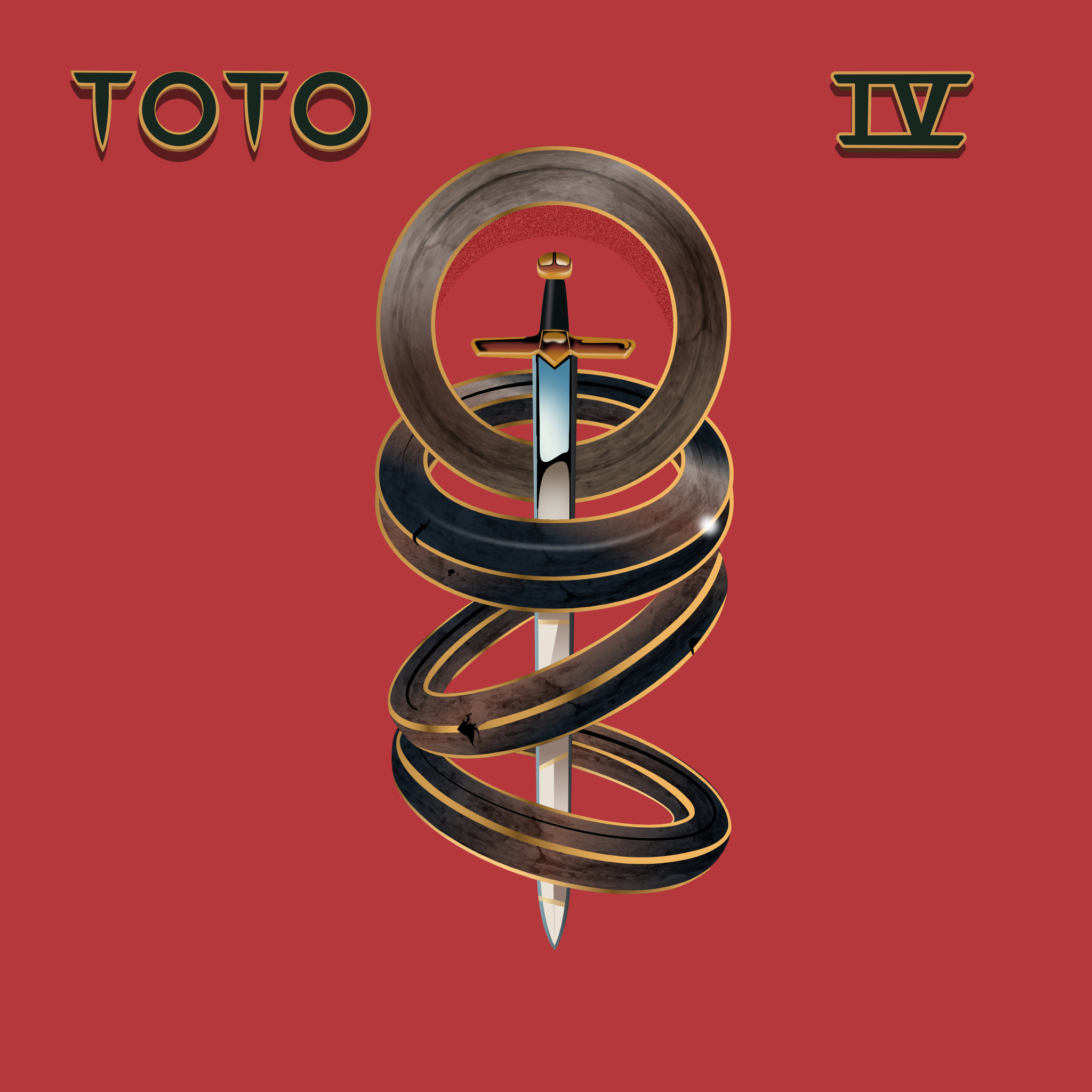 Album cover for Toto's fourth album, IV from 1982. A red background and the Toto-sword in the middle, stuck trough four rings of stone with brass or gold rims.