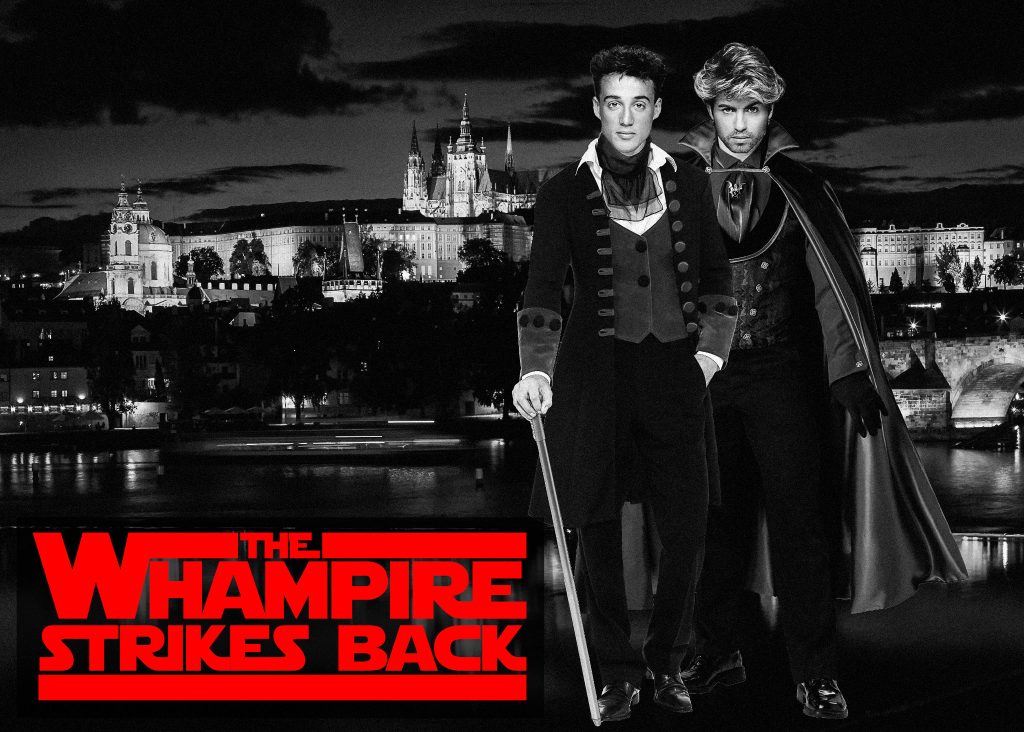 Black and white photo composite of Andrew Ridgeley and George Michael from 1980's group "Wham" in front of a moody Prague Castle. The boys are dressed in vampire outfits. Text on the screen reads "The Whampire Strikes Back", set in a typeface reminicent of Star Wars.