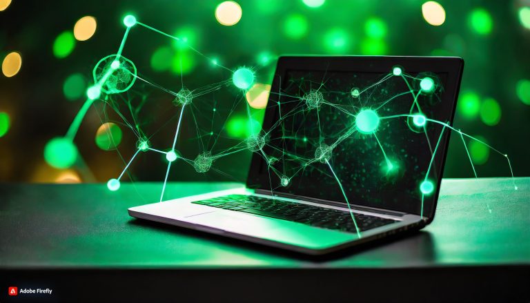 Firefly neuronetwork picture style, laptop, black and green colours background, laptop, lights in th