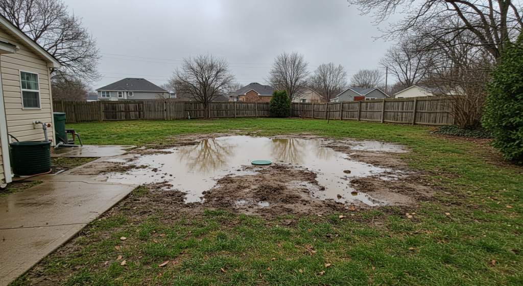 Flooded backyard with pooling water over the septic system area after heavy rain.