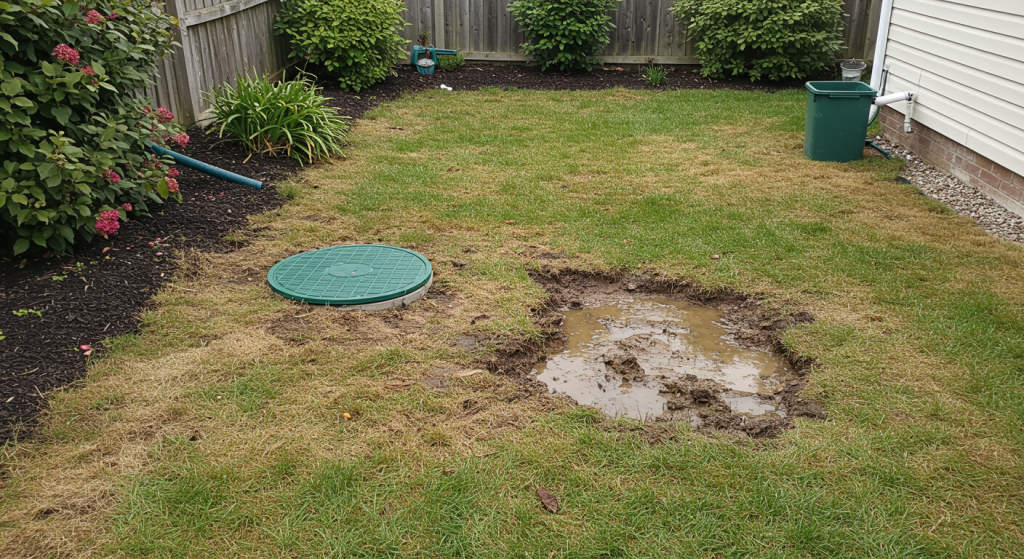 Backyard scene showing soggy ground near septic tank lid, a sign of system imbalance.