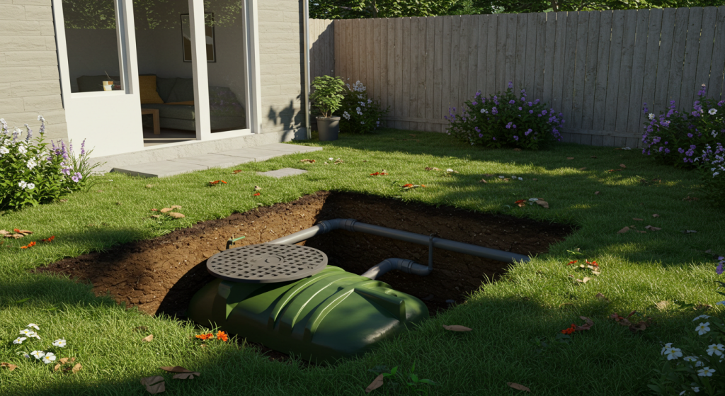 Septic tank cover visible in a grassy backyard area.