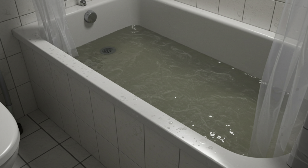 Murky water backing up in a residential shower due to septic system issues.
