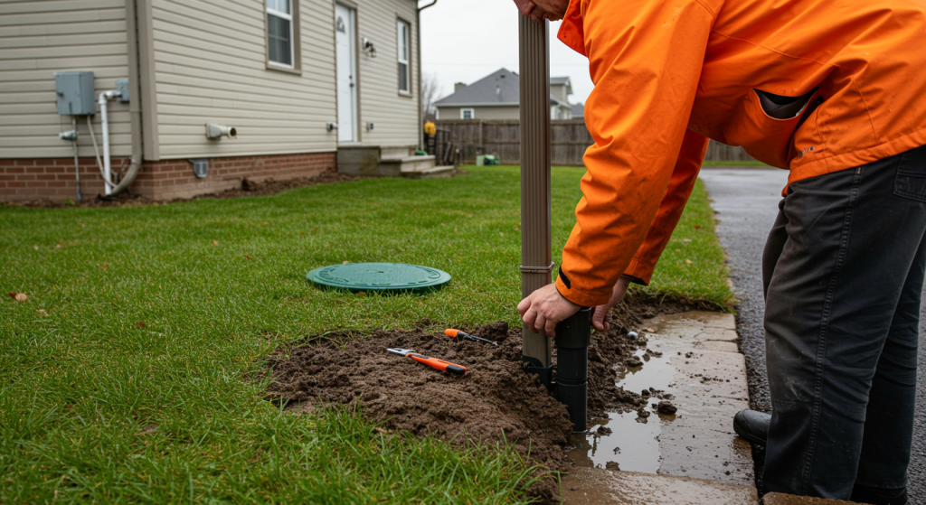 Homeowner redirecting gutter runoff away from the drain field to prevent septic overflow.