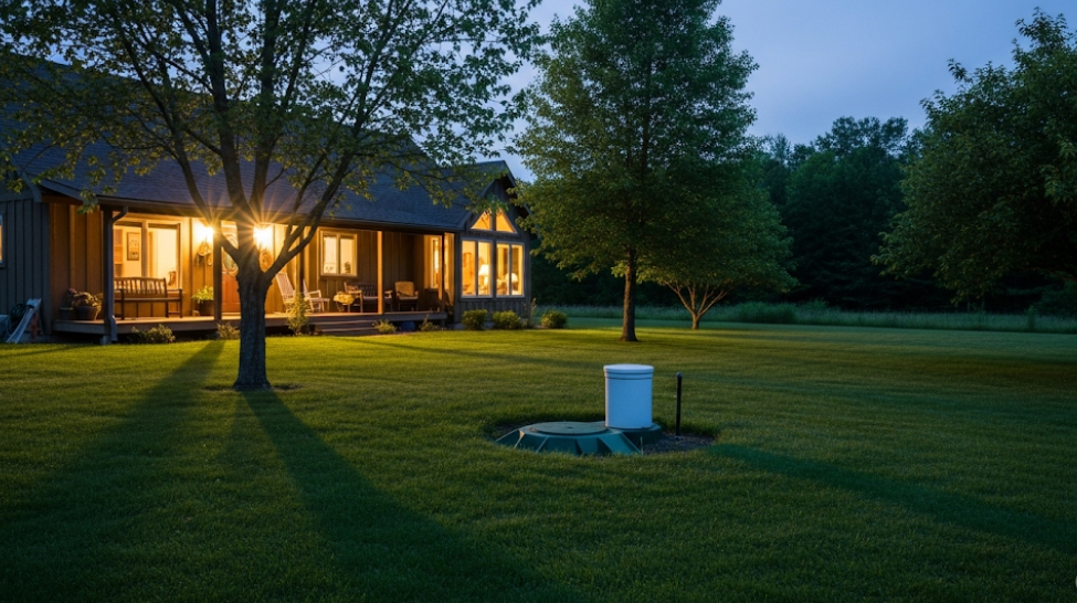 Rural home with visible septic tank cover in grassy backyard