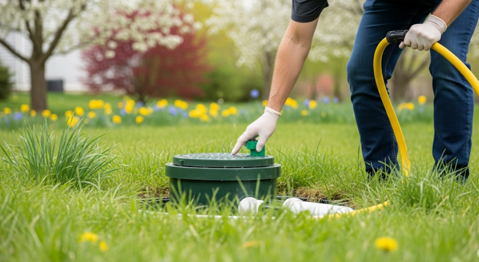 Spring septic system inspection with blooming trees and slightly overgrown grass.