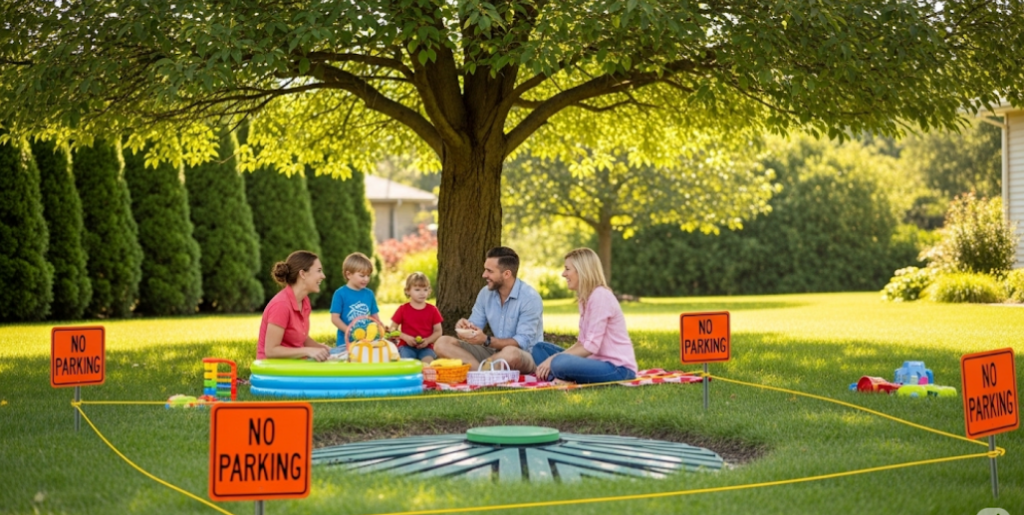 Septic drainfield protected during summer activities in a backyard setting.