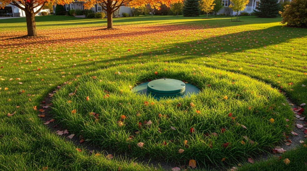 Fall yard with leaves and tall grass over septic area for natural insulation.