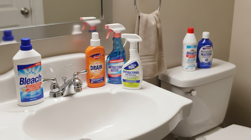 Household cleaning chemicals like bleach and drain cleaners that harm septic tank bacteria