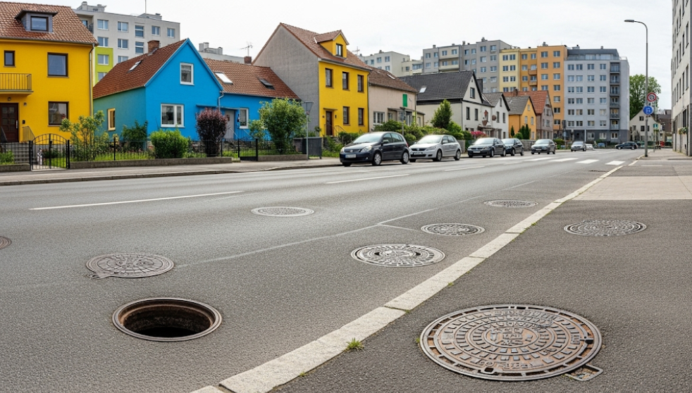 Urban street view with manhole covers indicating a sewer system