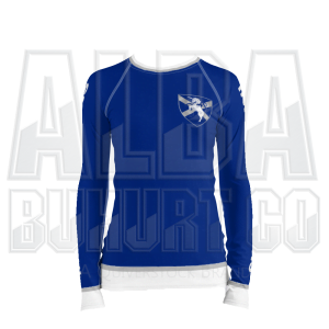 blue rash guard with team insignia