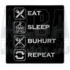 Silver effect design (eat, sleep, buhurt, repeat) on black enamel background