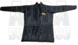 black garment with gold embroidery on left chest