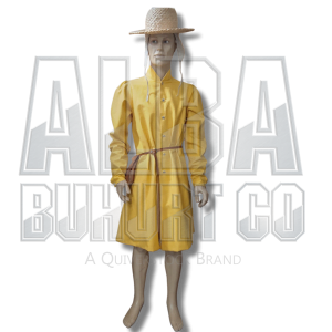 Yellow garment on dummy, wearing straw hat facing towards