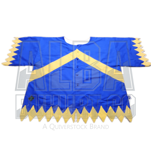 Blue with yellow chevron on body, with yellow diamond shaped trim on sleeves and hem, team tabard
