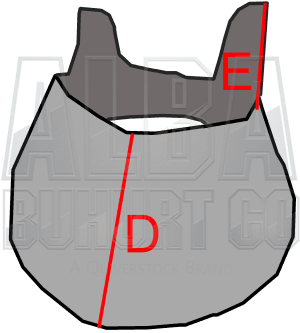 Drawing of an aventail in gray and light gray, with red lines, and letters E and D