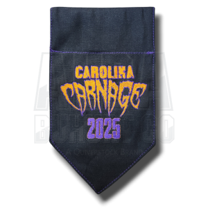 Black fabric belt flag embroidered with Carolina Carnage 2025 logo in orange and purple