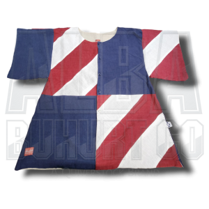 Blue and red quartered tabard with white stripes on red quarters