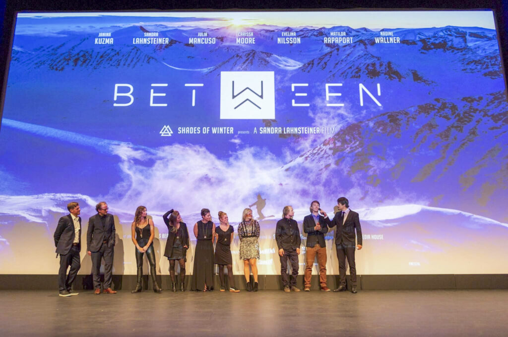 Cast and director of BETWEEN (2016) on stage at BMW Welt during ski documentary premiere event