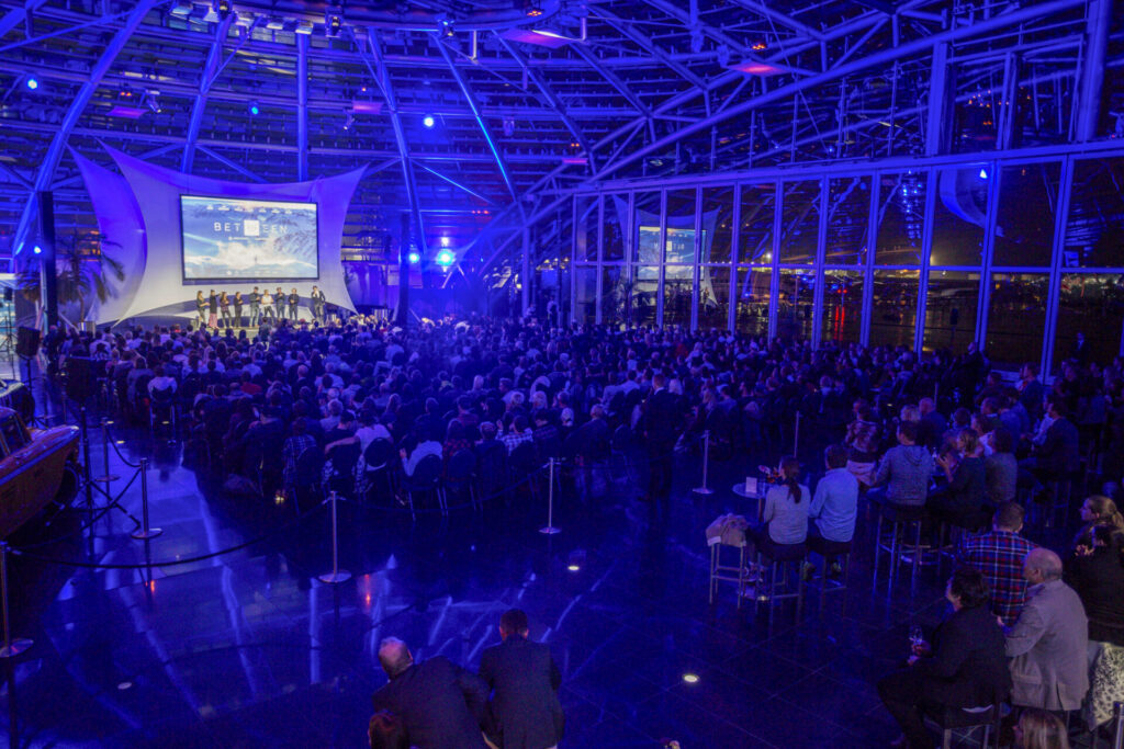 Film premiere event for ski documentary BETWEEN at Red Bull Hangar-7, Salzburg, with large live audience