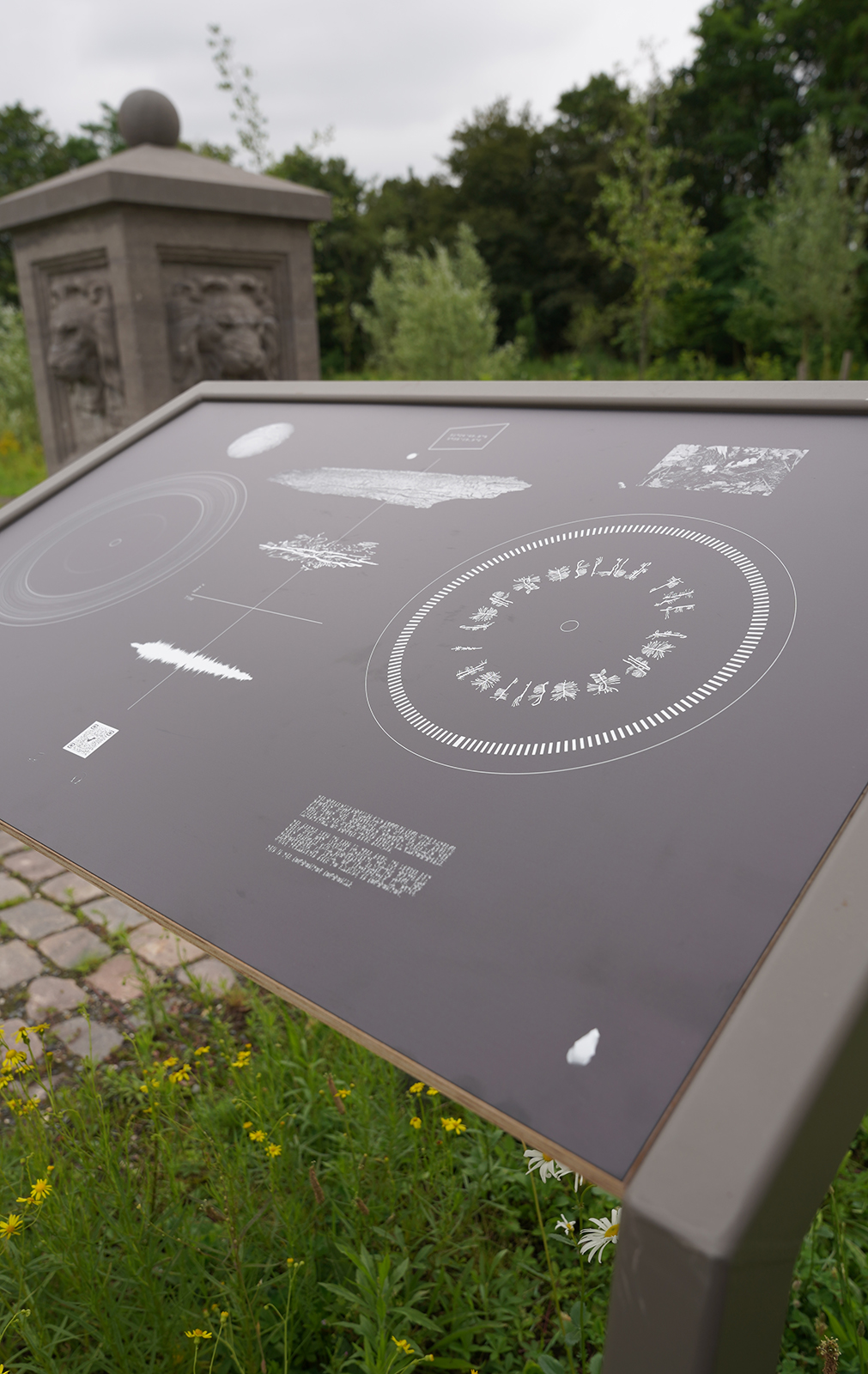 ⓘ The Compositor, information panel, print on dibond, 118 x 71cm, 2021. Park Brialmont, Antwerp.