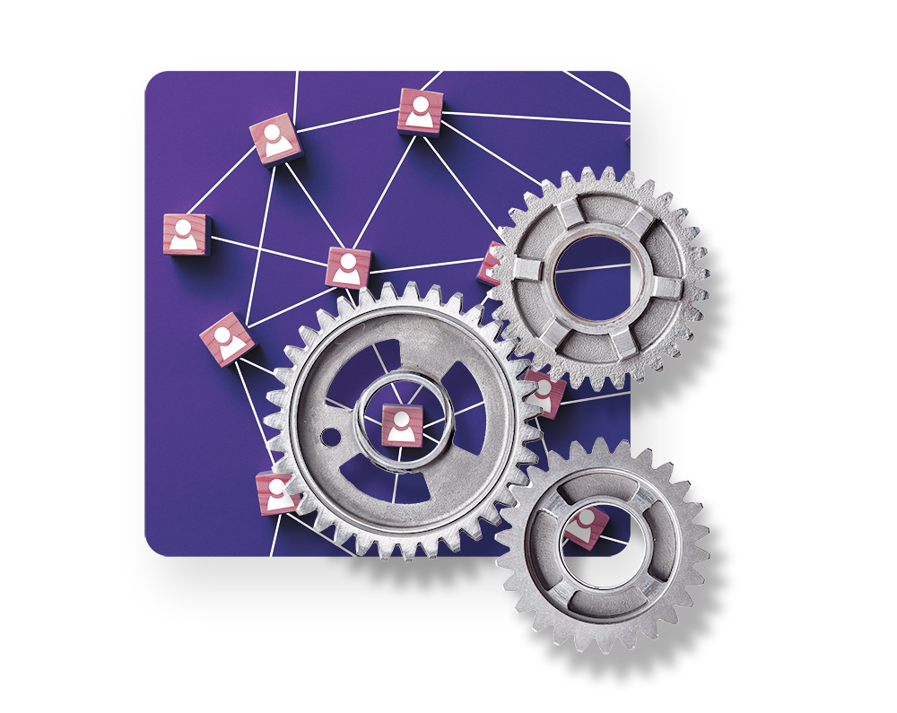 gears hovering over the image of a stylistic social network connection