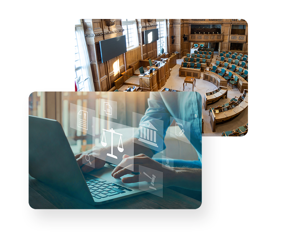 A photograph of the Danish parliamentary hall and a photograph of a person typing on a computer