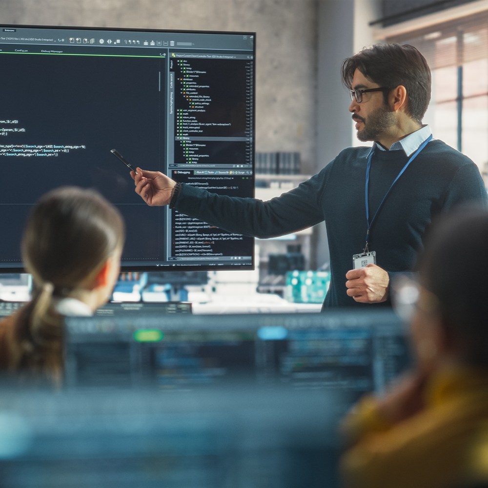 ekspert viser computer kode på skærm