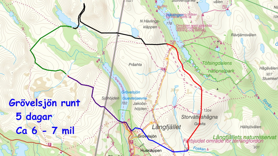 karta som visar en sträckning runt grövelsjön, som visar fjällvandringskursens rutt