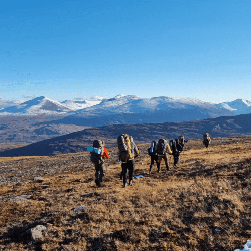 En grupp med ryggsäckar guidas bort från kameran över gräsbeklädd mark med snötäckta berg i bakgrunden.