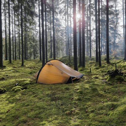 Ett gult Hillebergstält i grön skog med solljus som strilar mellan träden.