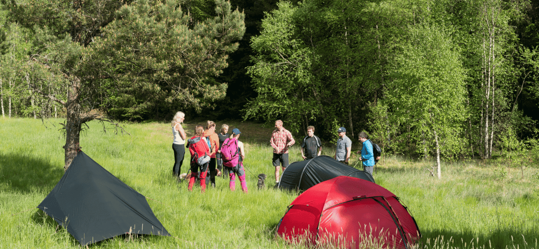 En överlevnadsinstruktör förevisar tält på en äng för en grupp. Två gröna tält och ett rött står uppställda i förgrunden.