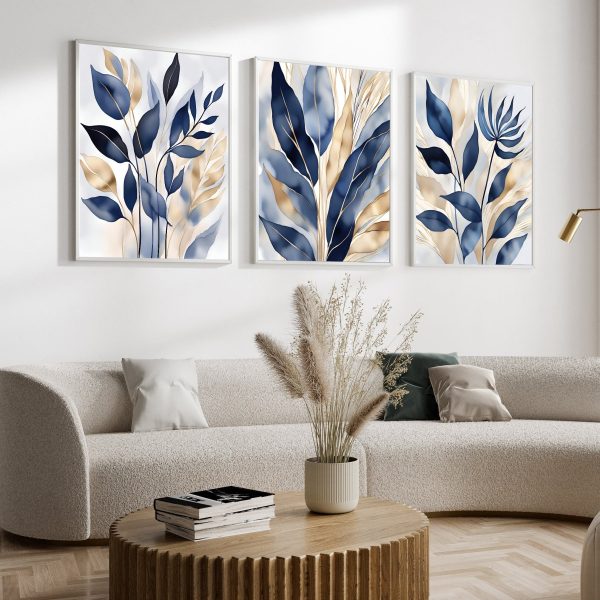 Set med 3 eleganta posters med blad i blåa och guldiga toner - 50x70 cm