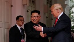 U.S. President Donald Trump shakes hands with North Korea's leader Kim Jong Un at the Capella Hotel in Singapore