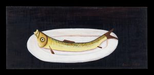 Amalia Årfelt.”Fisk på fat”, 23x 51cm, olja på pannå. Fotograf Per-Erik Adamsson.