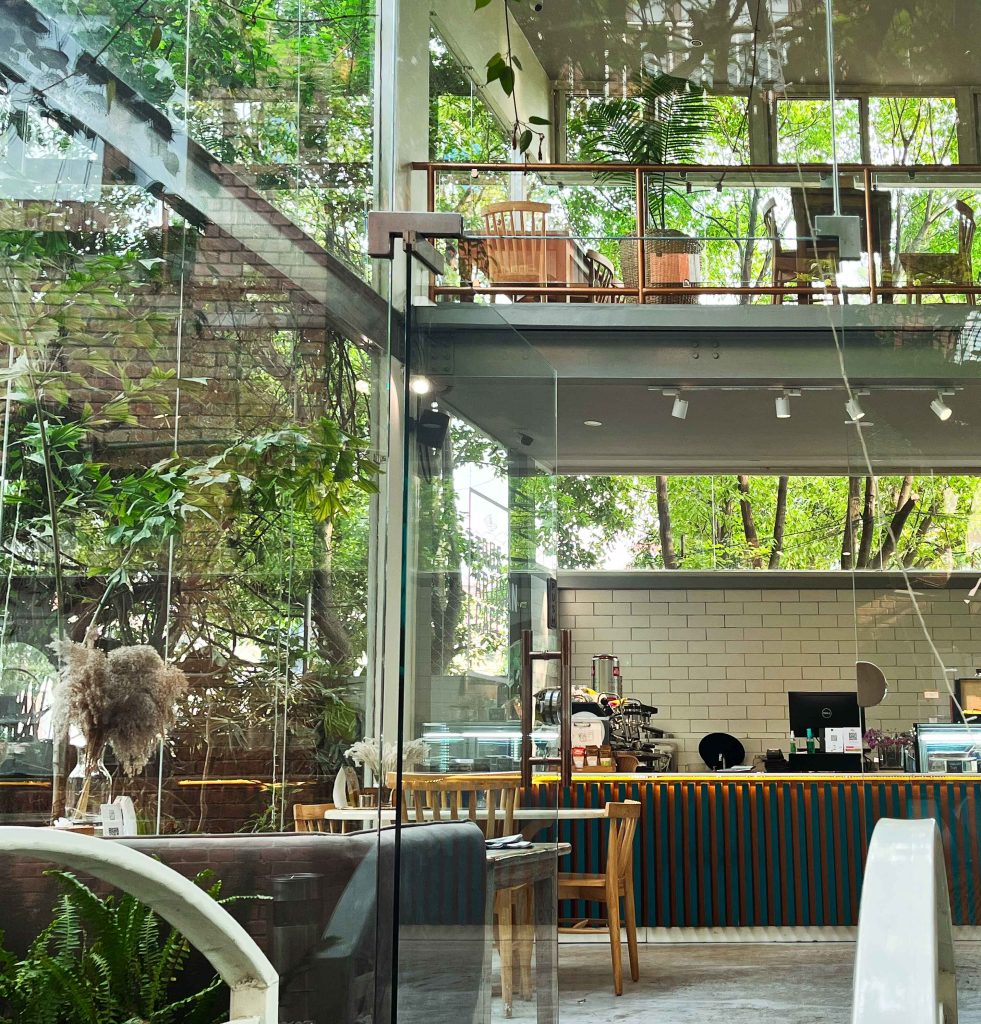 Interior of House 5 with many windows and greenery