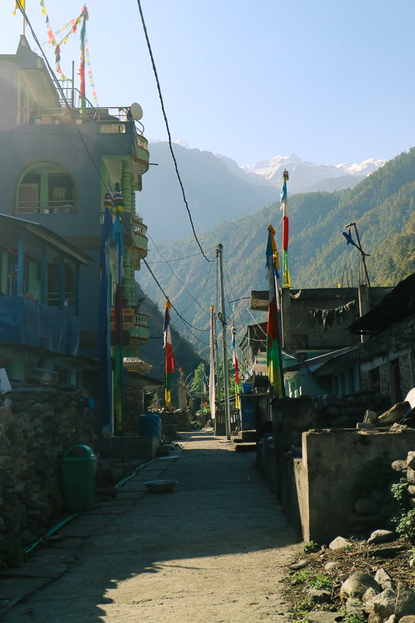 Village with prayer flags close to Syabru Besi