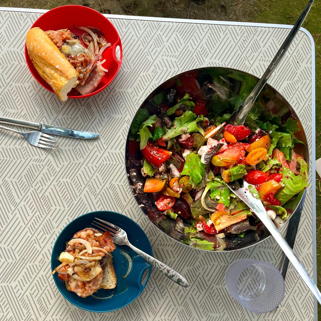 Salad and hamburgers at Camping Portuondo, Mundaka Spain