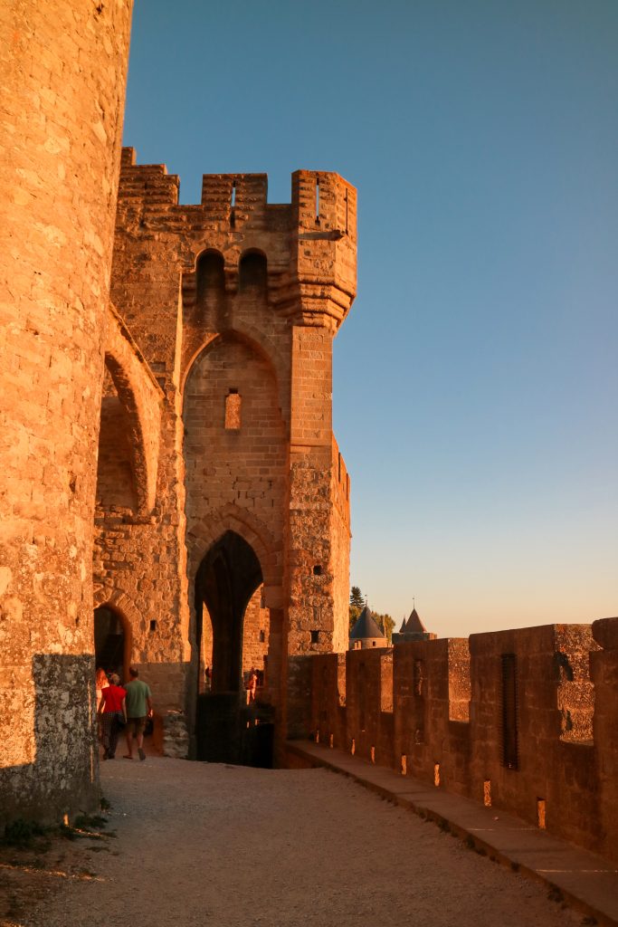 Carcassonne's outer city walls during sunset