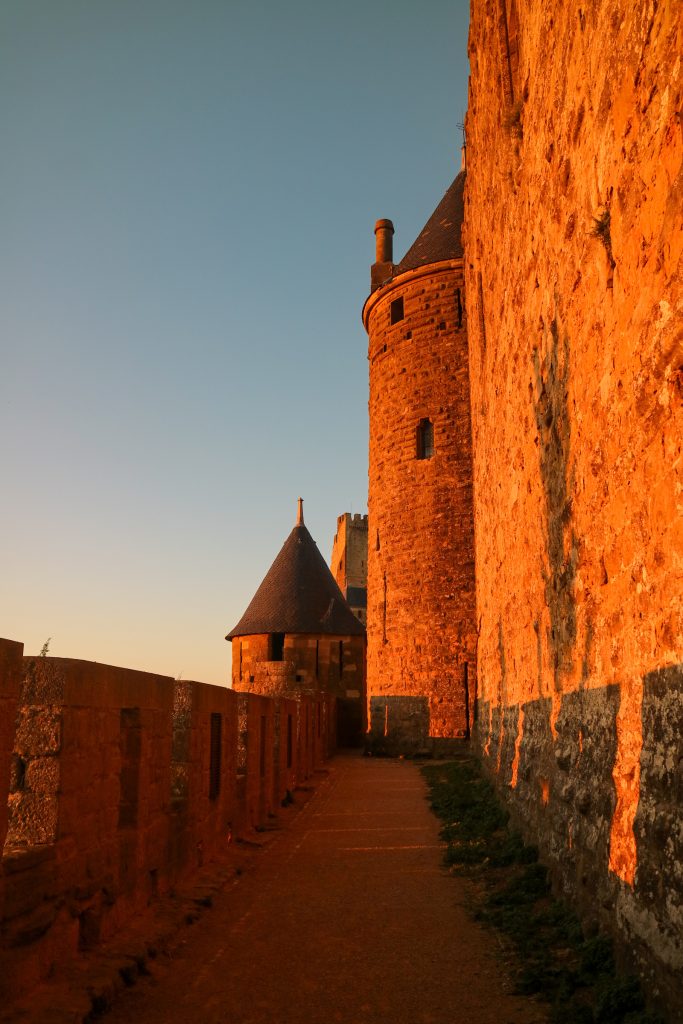 Carcassonne's outer city walls during sunset 2