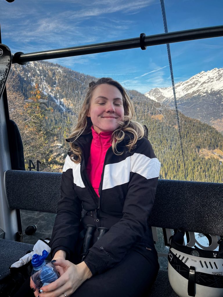 Amber in the ski lift, Valfréjus, France