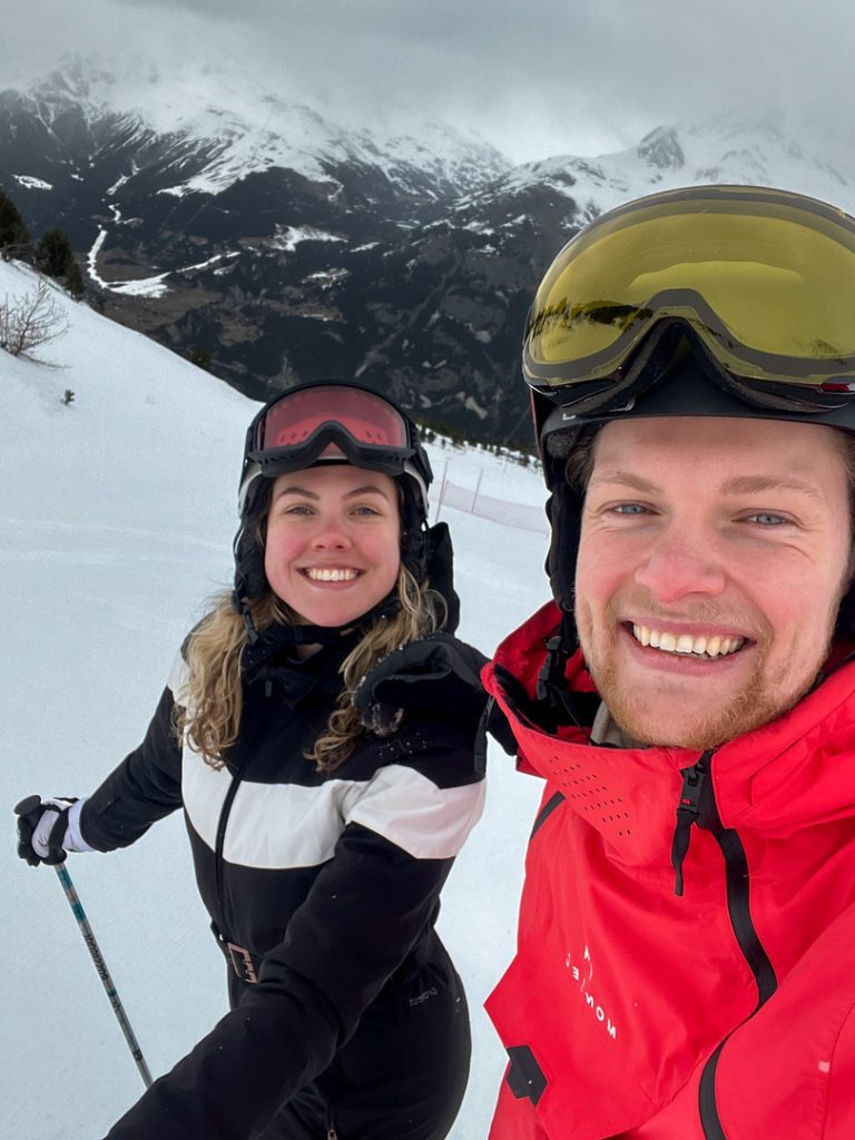 Wessel and Amber on the slopes, La Norma, ski resort, France