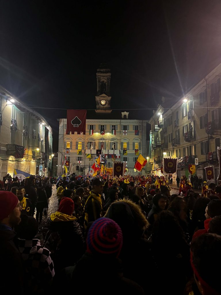 Ivrea town square, party before battle, Italy