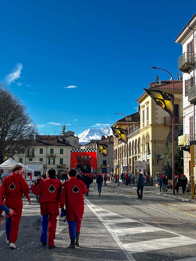 Walking towards the battle with the Alps in the background, Ivrea Italy